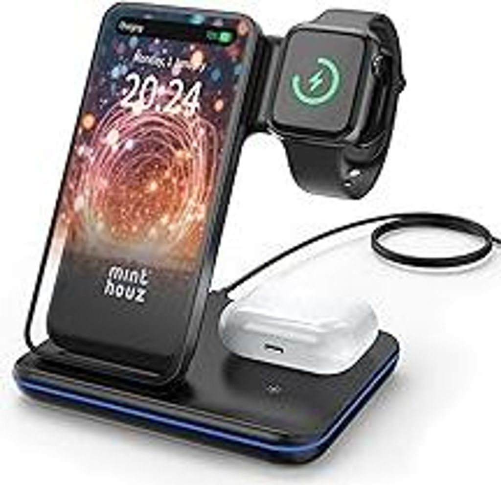 Minthouz Wireless Charger, 3 in 1 Induktive Ladestation mit 18W Adapter für mehrere Geräte Apple, iWatch S8/7/6/5/4/3/SE2/SE (ONLY), AirPods 3/Pr...