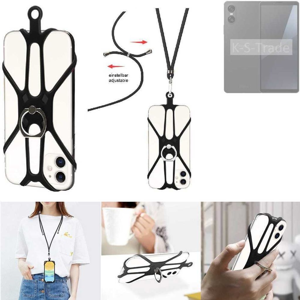 K-S-Trade 3in1 Handykette Handyband Handykordel Halsband Smartphone-Ring Handy-Ring kompatibel mit Sony Xperia 10 VI Fingerhalterung Handyring