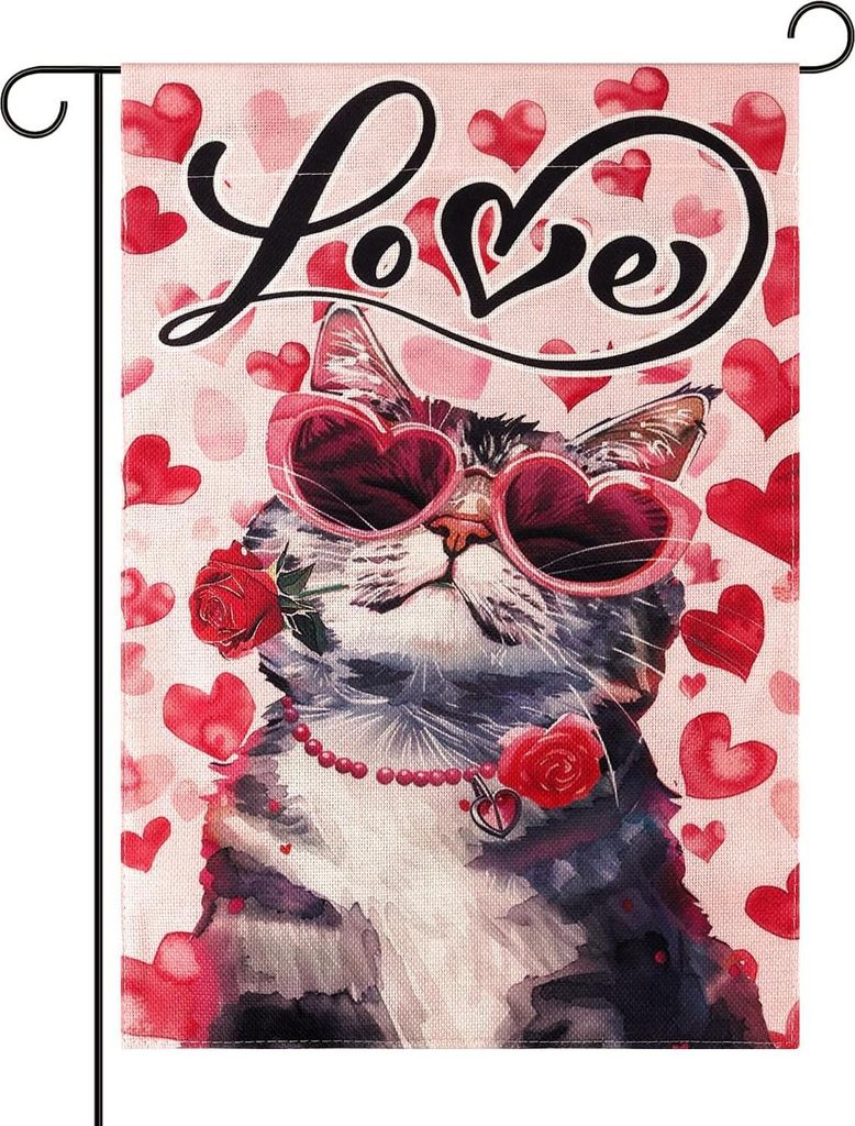 Valentinstag Gartenflagge - Katze mit rosa Sonnenbrille - 45,5x31cm - Dekoration für draußen - Gartenaccessoires für Valentinstag