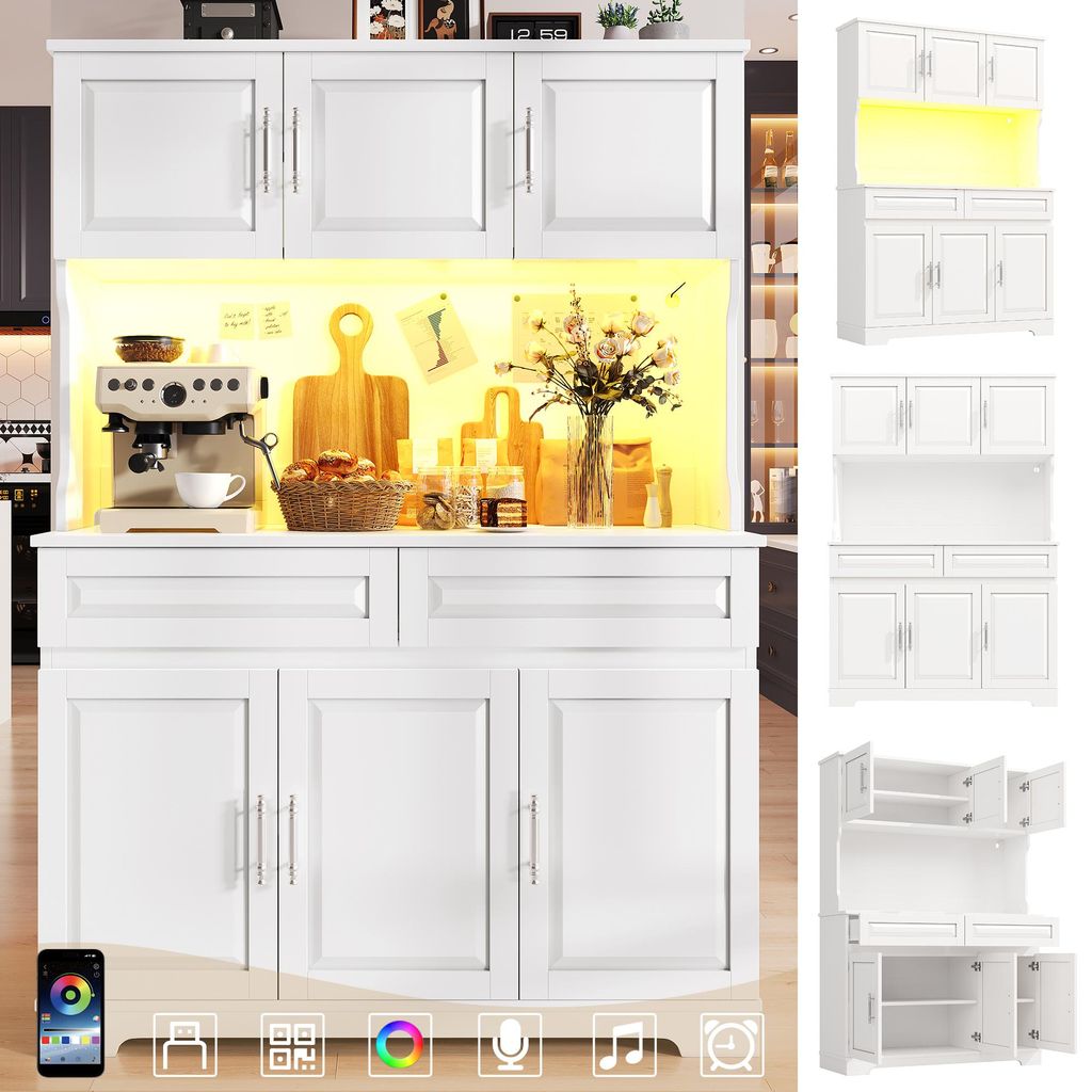 Hoher Küchenschrank Weiß 108x40x180cm – Sideboard mit App-Steuerung, LED & Arbeitsfläche, verstellbare Einlegeböden, Mikrowellenschrank, Kaff...