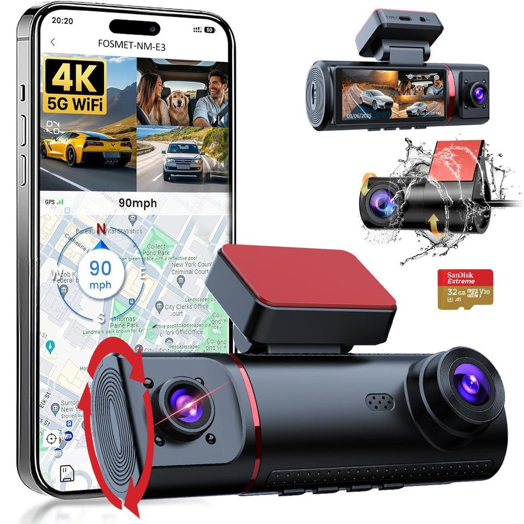 3 Channel Dashcam Auto 3.16" IPS-Bildschirm,mit GPS,WiFi,Auto kamera Dashcam,170°Weitwinkel WDR,Loop-Aufnahme,Parküberwachung,Unterstützt 256G...