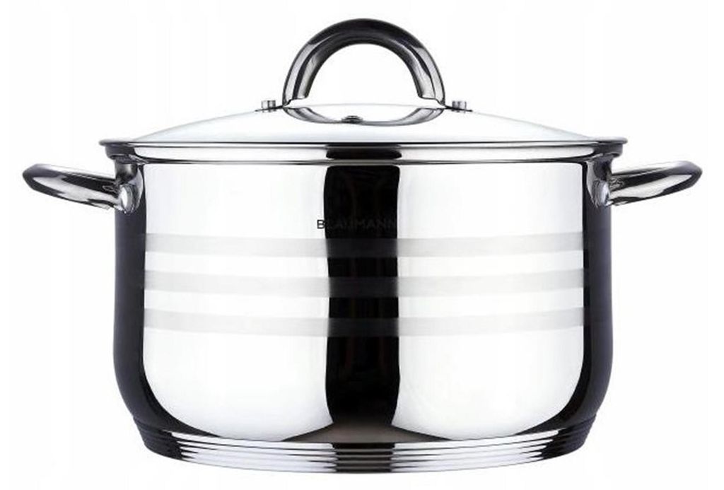 A stainless steel pot with a glass lid and handles, shown against a white background.