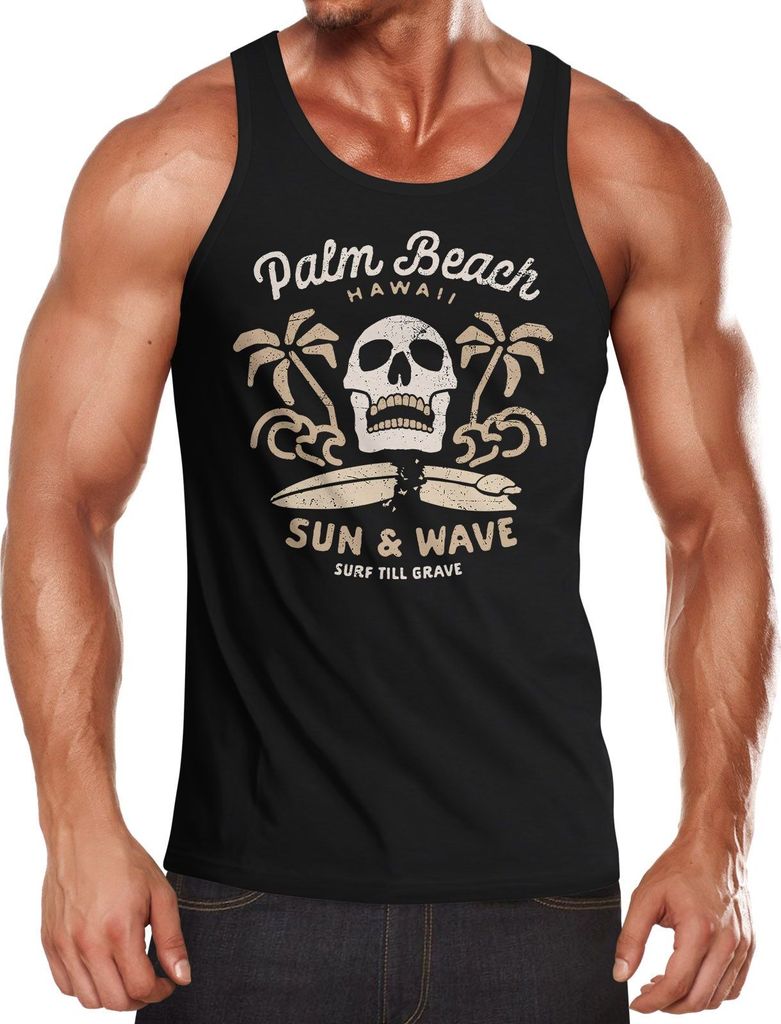 Herren Tank-Top Surf-Motiv Totenkopf Palm Beach Muskelshirt Muscle Shirt Neverless schwarz S