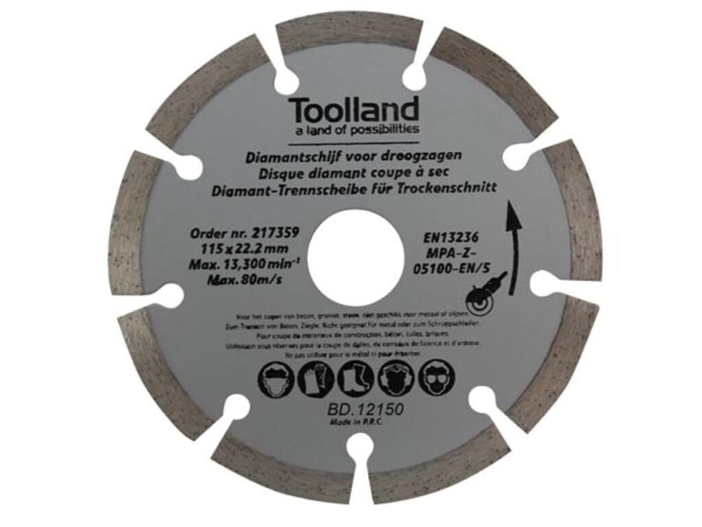 Toolland Diamantscheibe, 115 mm, segmentiert, Trockenschnitt, 13300 U/min, 80 m/s, für Granit,