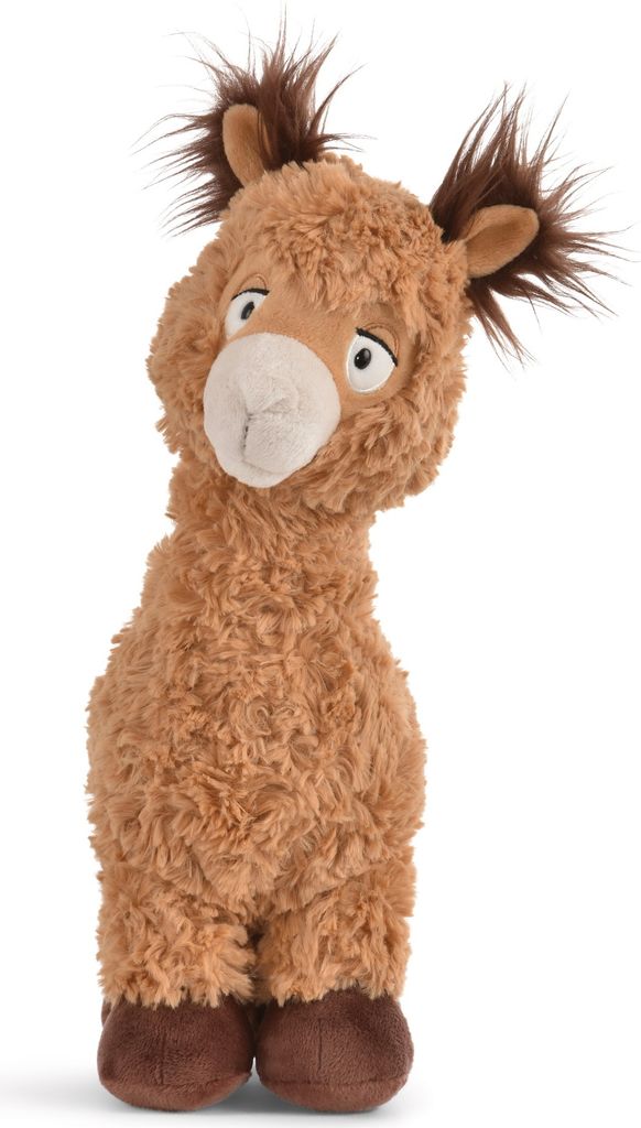 A stuffed alpaca toy standing against a white background.