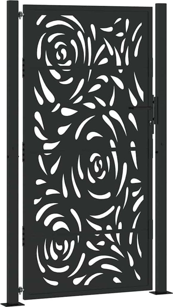 A black metal garden gate with a decorative floral pattern.