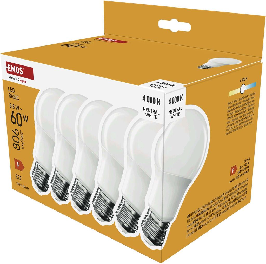 EMOS LED-Lampe BASIC A60, 6er Pack, E27 Sockel, Neutralweiß, 806 lm, 8,8W (Ersatz für 60W Glühbirne), Lebensdauer 20 000 h, ZL5F48.6