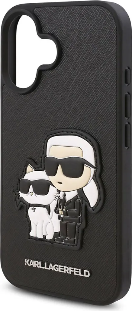 Karl Lagerfeld, Custodia per iPhone 16 Plus Saffiano Karl & Choupette Design, Nero