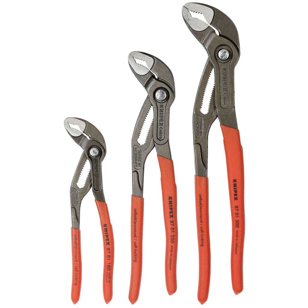 Three Knipex Cobra pliers of different sizes are arranged vertically against a white background.