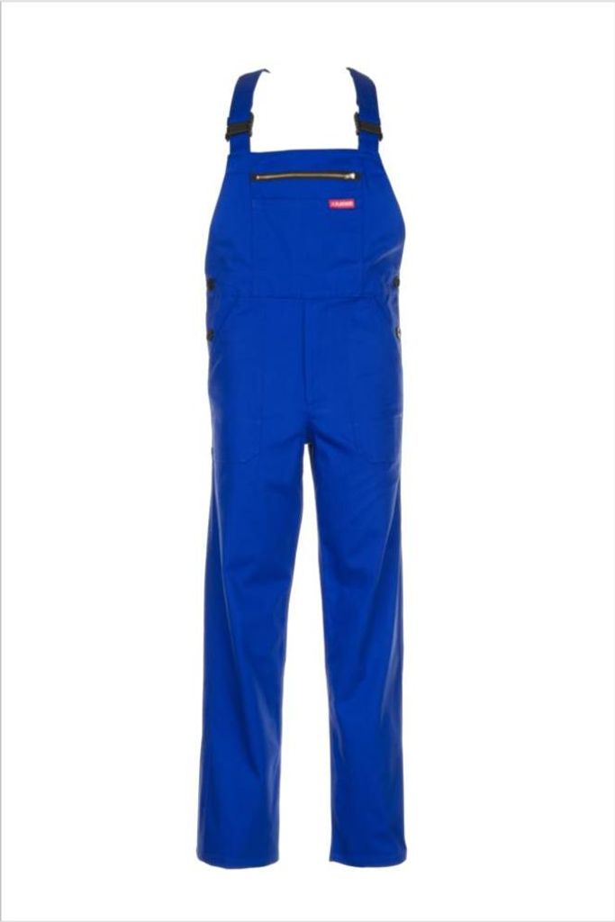 A blue pair of overalls is shown against a white background.
