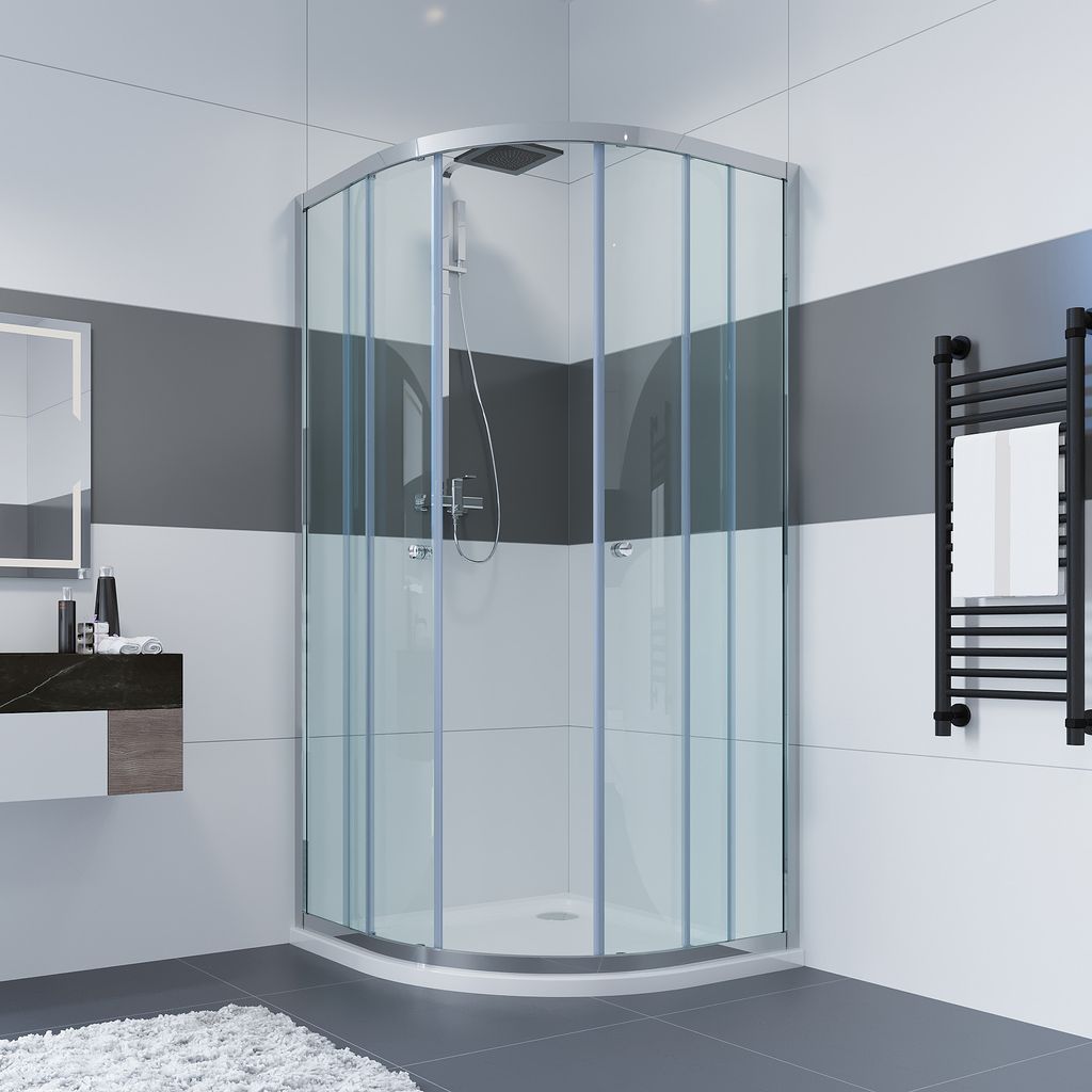 IMPTS Viertelkreis Duschkabine 80x80cm Runddusche Duschabtrennung Schiebetür Viertelkreisdusche 185cm aus 6mm ESG-Glas Mit Duschwanne