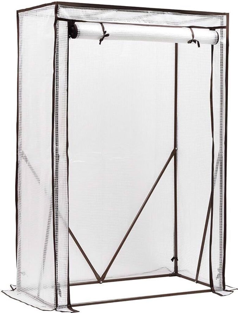 A white greenhouse with a brown frame.