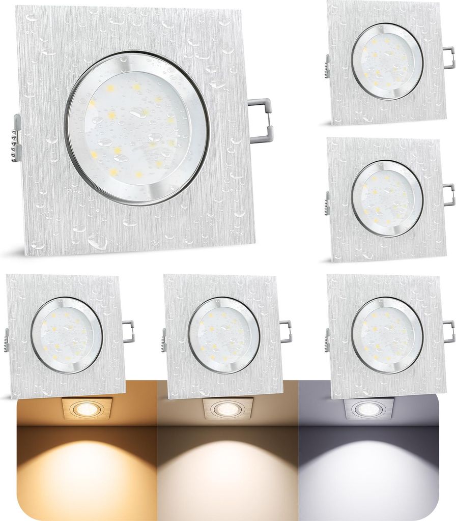 SSC-LUXon 6x QW-2 Einbauspot LED eckig GU10 - für Bad & Aussen Alu gebürstet inkl. tauschbarem GU10 LED 5W LumiFLEX Strahler IP44