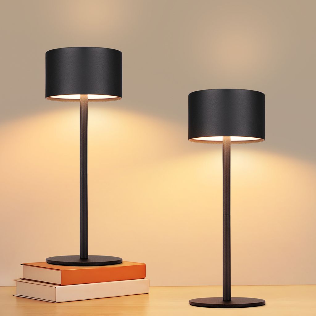 Two black table lamps are displayed on a wooden surface, with one lamp placed on top of two books.