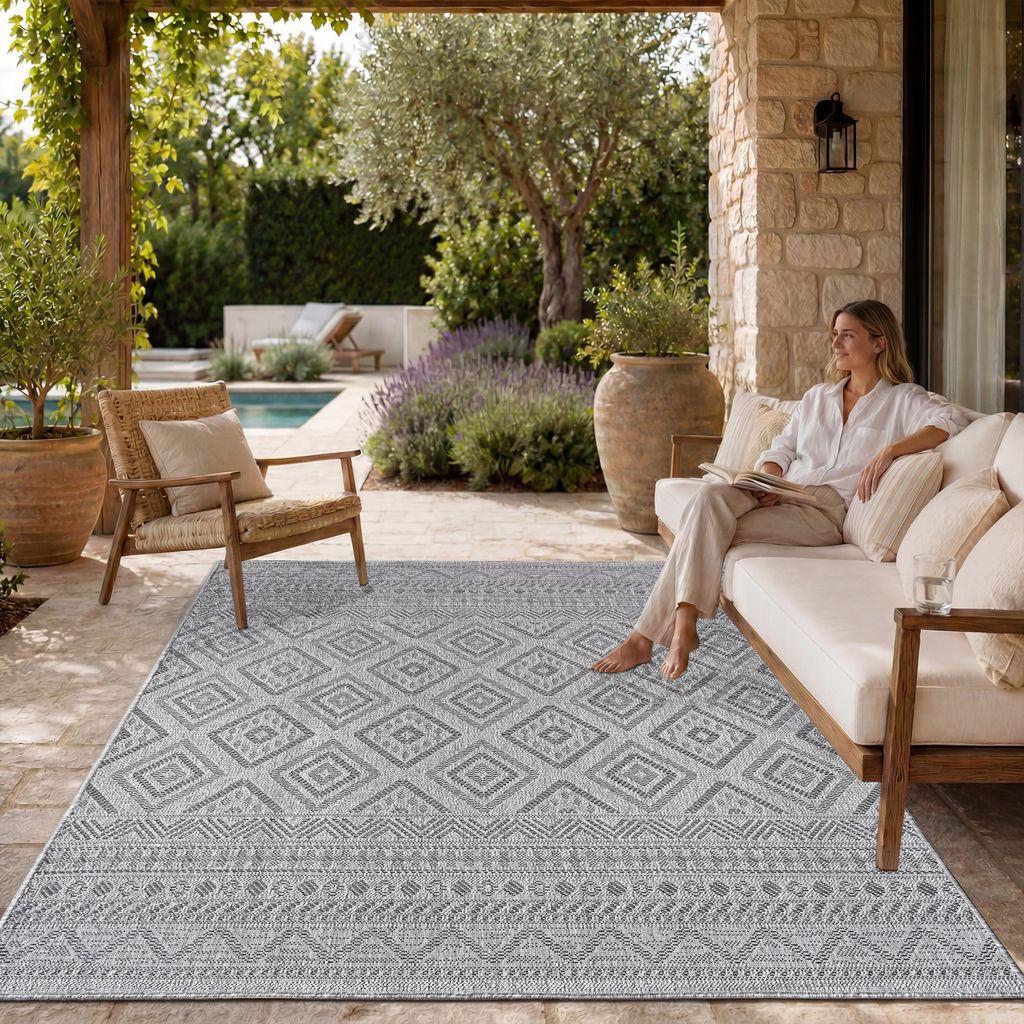 Outdoor Teppich Flachgewebe modern Boho Ethno wetterfest Produktbild 