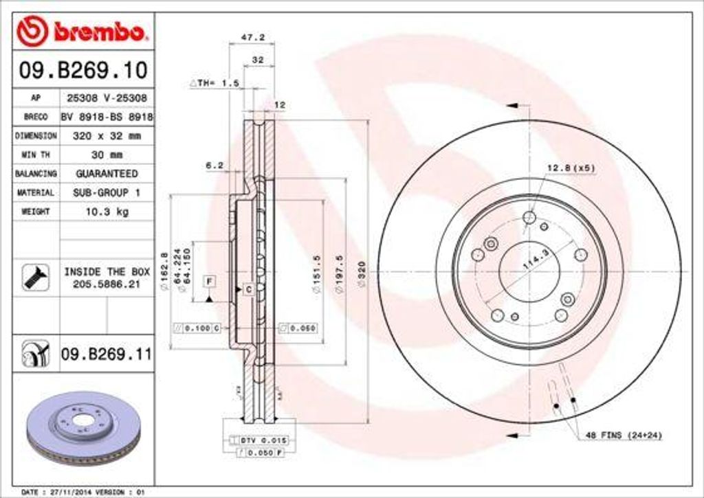 BREMBO 09.B269.11 Bremsscheibe OE 45251TL0G50 kompatibel mit Accord