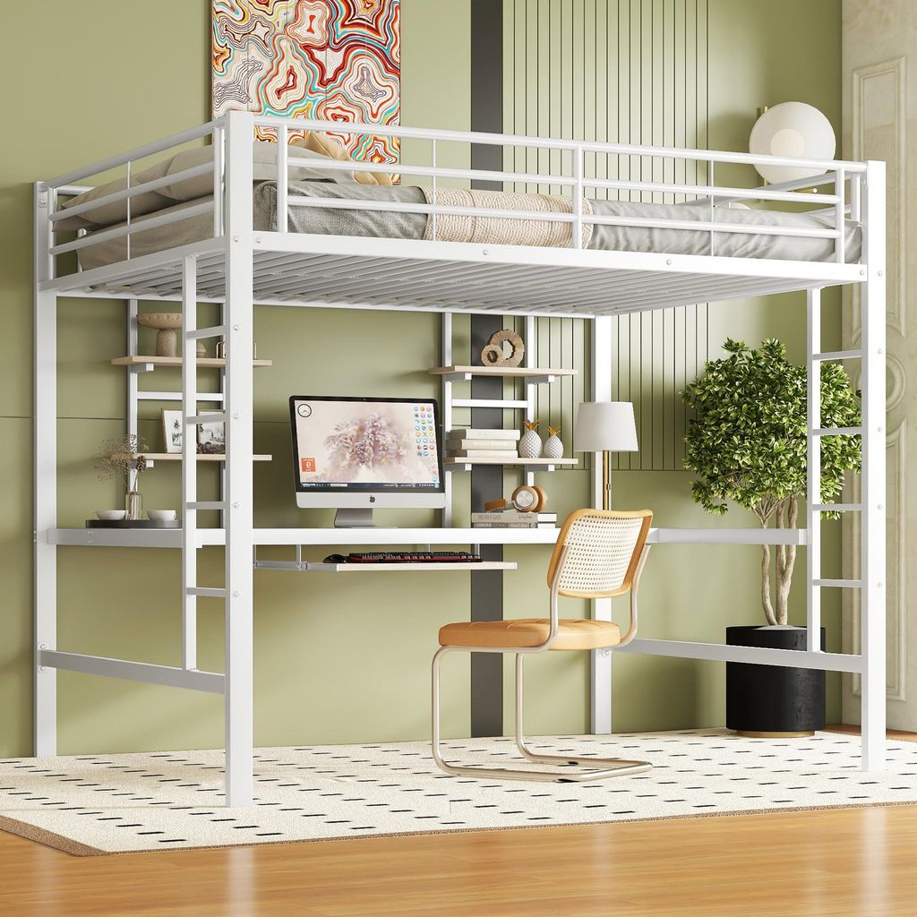 okwish Metallbett 140x200 cm, Eisenbett, Hochbett mit Schreibtisch und zwei Bücherregalen, geeignet für Kinder, Jugendliche und Erwachsene, Weiß