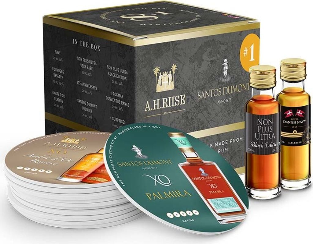 A.H. Riise tasting set with bottles and coasters.