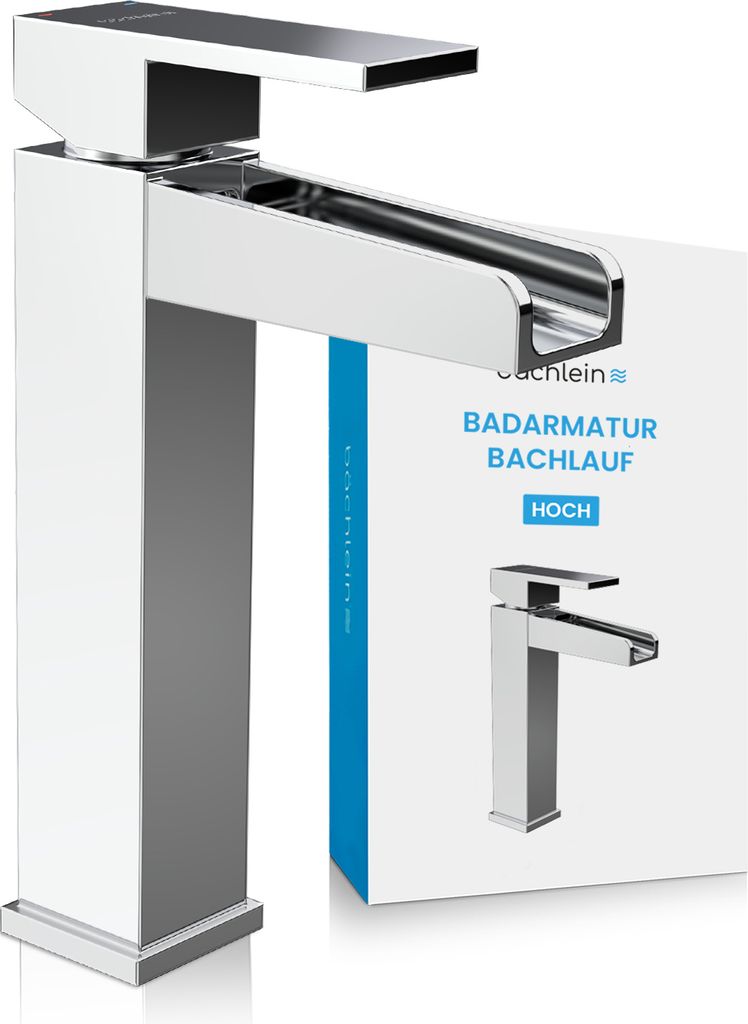 Bächlein Wasserhahn hoch fürs Bad in Bachlauf-Design, extra hoher Einhebelmischer mit Montage-Set für Aufsatzwaschbecken, Badarmatur Chrom