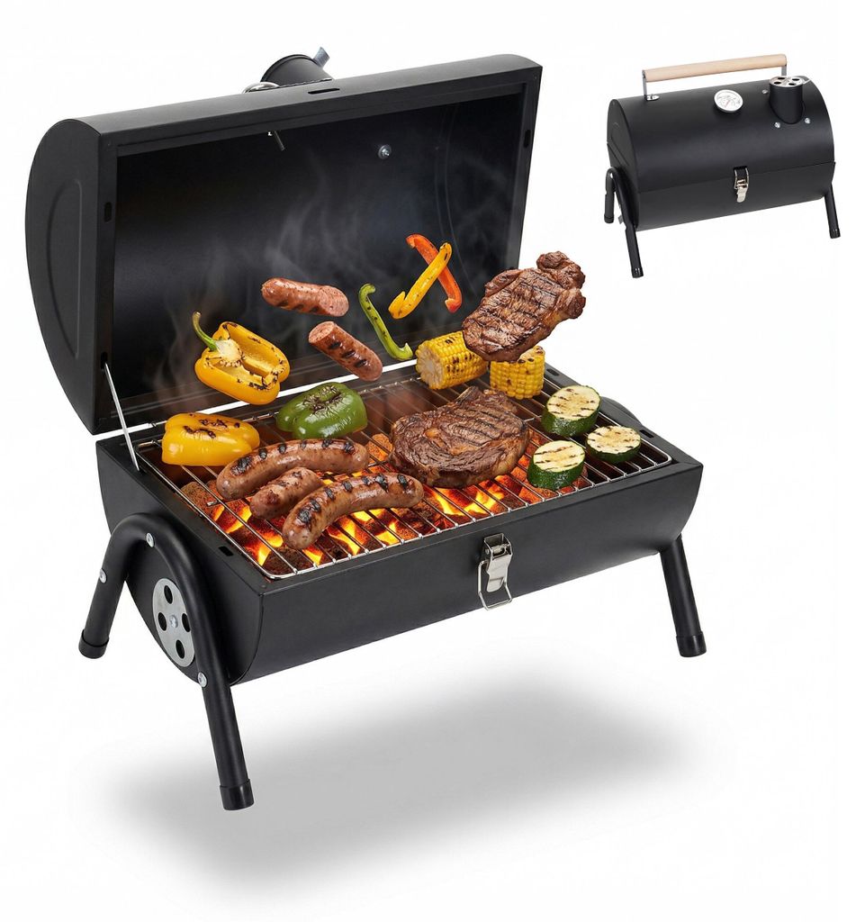 Relaxdays Campinggrill, 2 Kohleschalen, Thermometer, Rauchabzug, HxBxT: 35 x 41 x 29 cm, tragbarer Tischgrill, schwarz