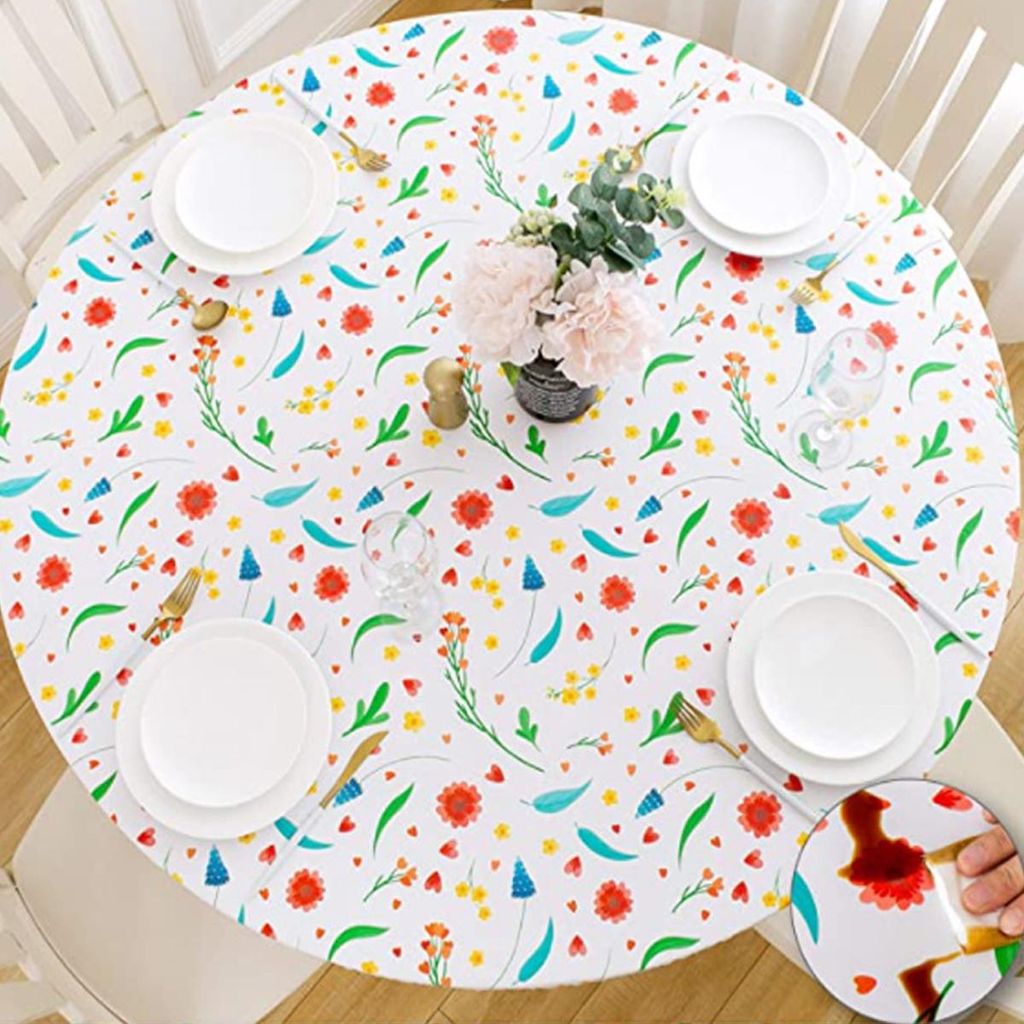 Passgenaue Tischdecke mit Flanellrücken, elastischem Rand, wasserdicht, ölabweisend, PVC-Tischdecke, fleckenabweisend, abwischbar, für runde Tis...