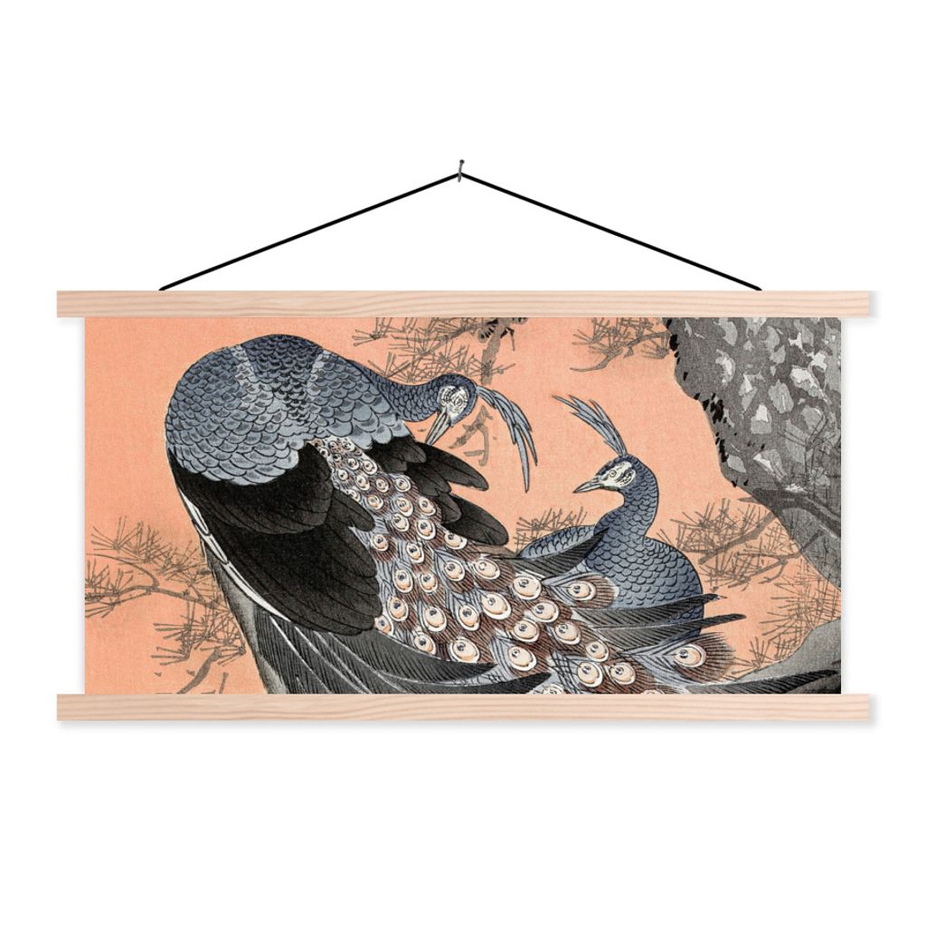 MuchoWow Textilposter Pfauenfedern - Vintage - Pfau 60x30 cm mit holzfarbenen Rahmen - Dekoration