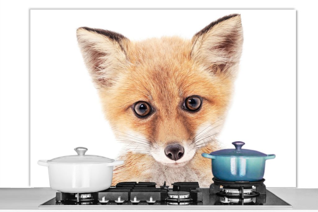 KitchenYeah Spritzschutz Küche - Küchenrückwand - Wandschutz für Herd und Spüle - Fuchs - Tiere - Orange - Natur 120x80 - Alu-Dibond (Alter...