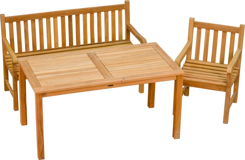 Teak Sitzgruppe aus 1 Bank 150 cm, 1 Sessel und 1 Tisch 150 x 80 cm dreiteiliges Set aus robusten Teakholz Gartenmöbeln