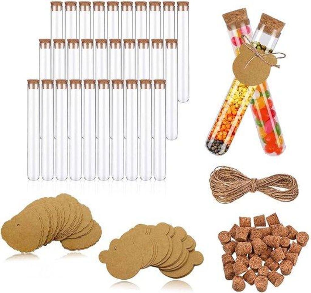 Transparante Reagenzgläser mit Kork - Set aus 30 - inklusive Kraftpapier-Haken und Henkelzange