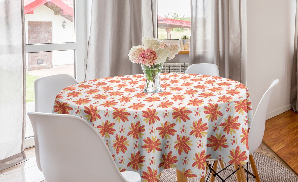ABAKUHAUS Blume Runde Tischdecke, Blooming Botanik und Herzen, Kreis Tischdecke Abdeckung für Esszimmer Küche Dekoration, 150 cm, Mustard Coral W...