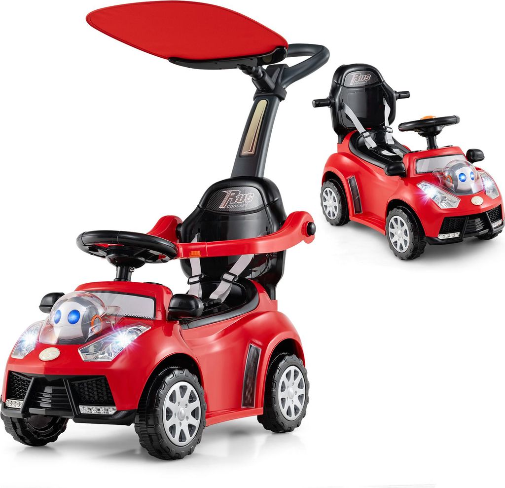 GOPLUS 3-in-1 Rutschauto mit Schiebestange, Rutschfahrzeug Sound, Stauraum, Hupe, Licht, Griff & Sicherheitsgurt, Rot