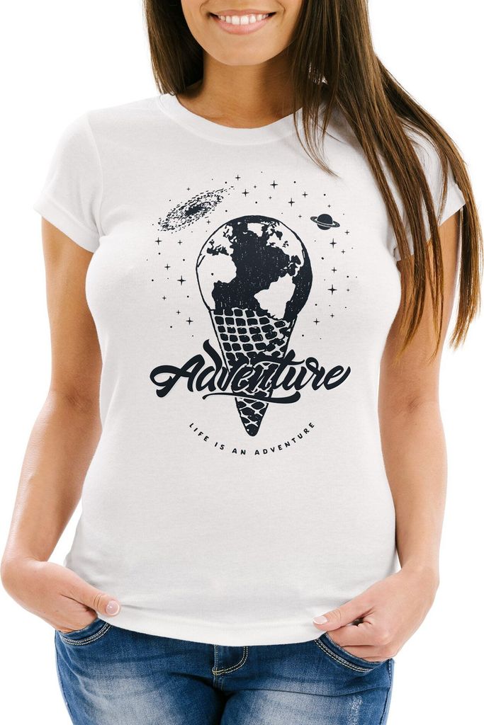 Damen T-Shirt Weltkugel Erde Eis Eiswaffel Adventure Vintage Earth Weltkarte Slim Fit Neverless weiß S