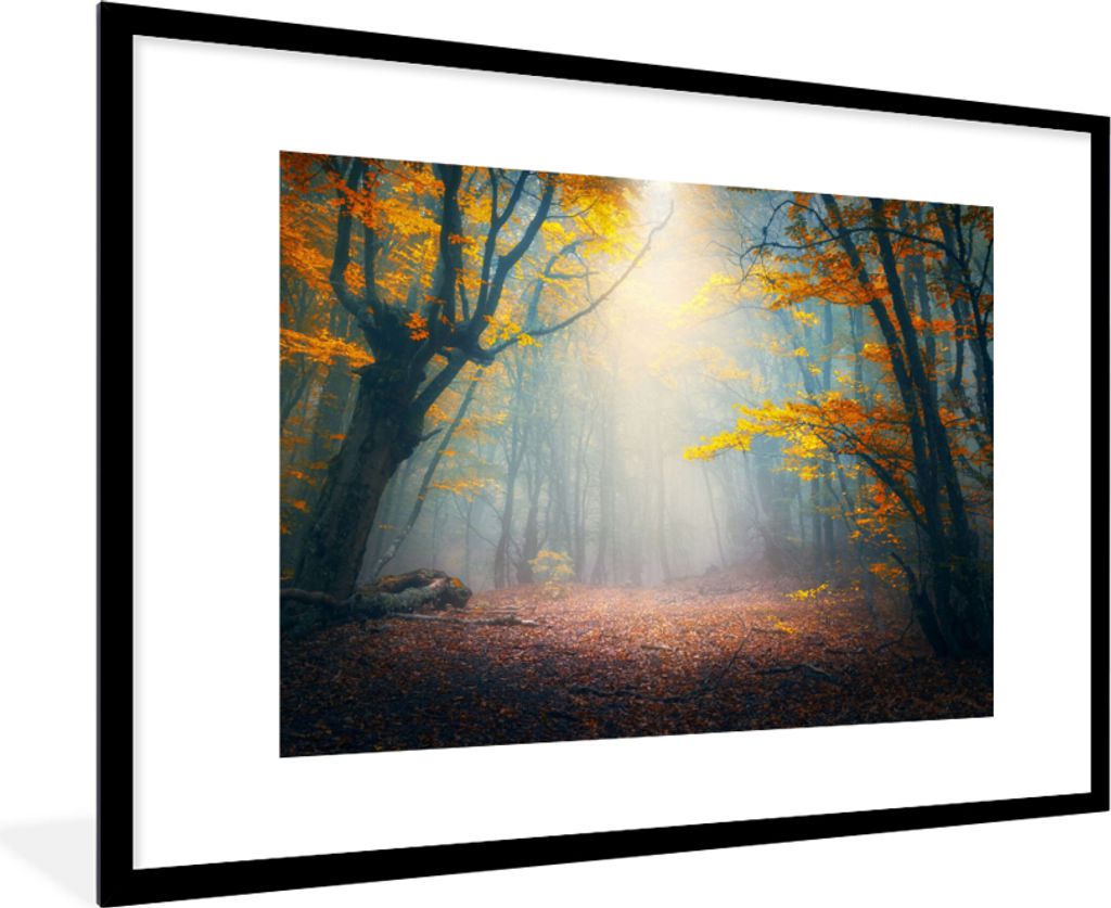 MuchoWow Gerahmtes Poster Wald - Nebel - Herbst 90x60 cm - Poster mit Schwarzem Bilderrahmen Wandposter Rahmen Foto Bilder - Wanddekoration - Fotos