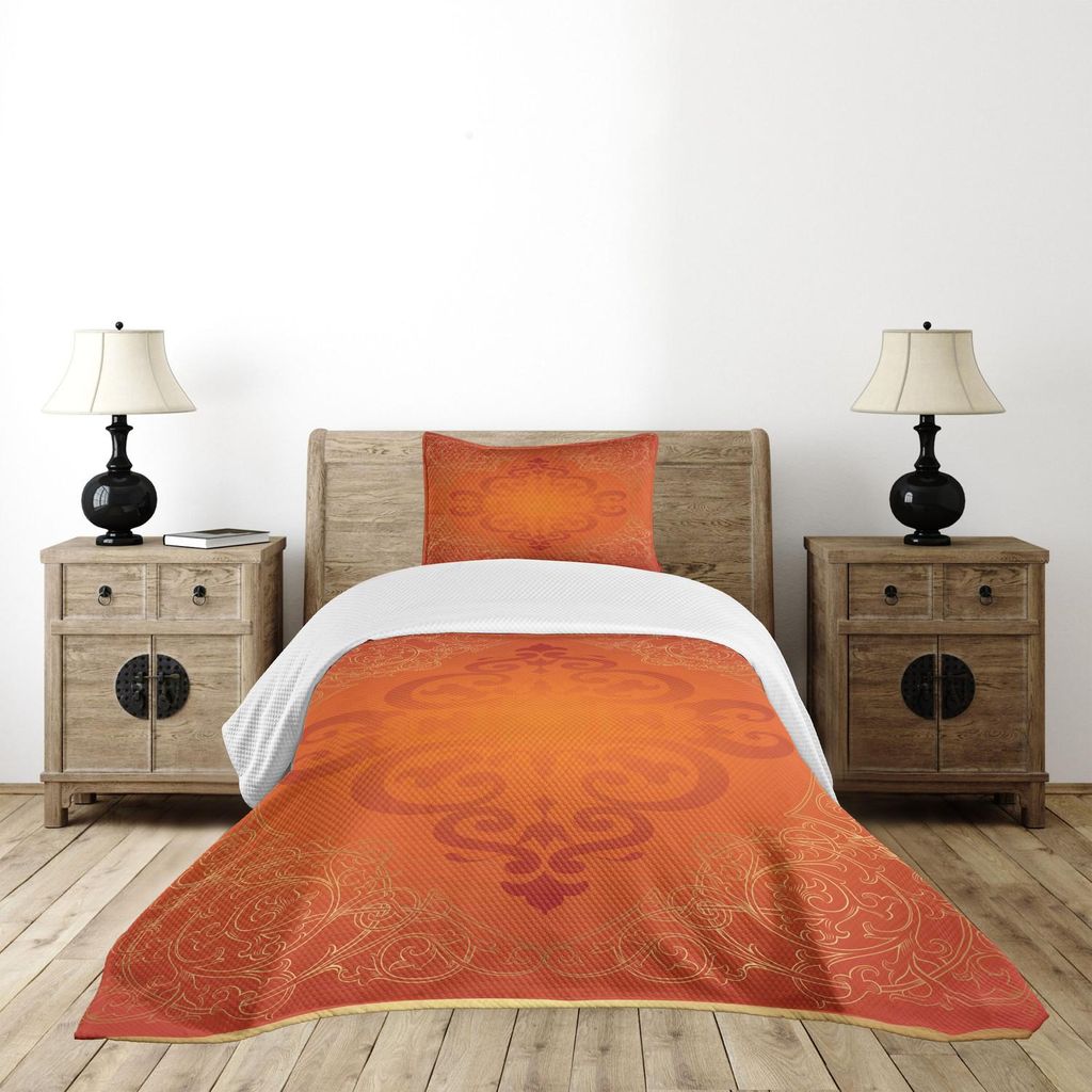 ABAKUHAUS Orange Tagesdecke Set, Königliche antike Motive mit viktorianischem wirbelt Weinlese-traditionellem Wiederbelebungs-Rahmen, 170 x 220 cm...