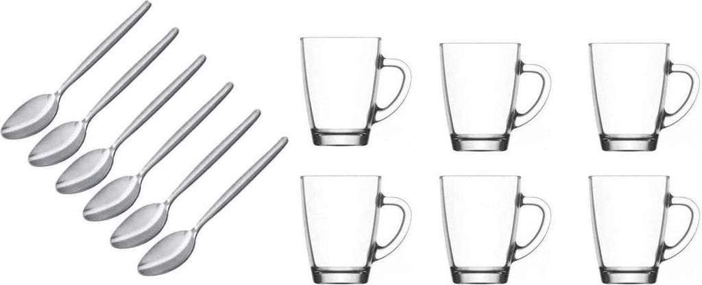 TEELÖFFEL Kaffeelöffel 6er Set Kuchenlöffel Edelstahl Dessertlöffel + Latte Macchiato 6 Gläser - moderne hitzebeständige Kaffeegläser von Ja...