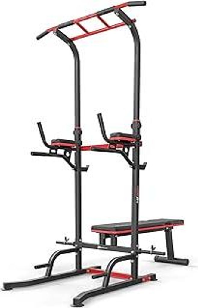 Hop-Sport Power Tower mit Klimmzugstange, Hantelbank & Dip-Station, Fitnessgerät für Zuhause, Calisthenics und Krafttraining, Freistehend, 150 kg...