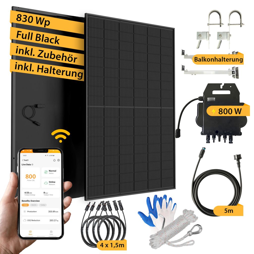 VALE All-in-One Solaranlage Komplettset Balkonkraftwerk mit Balkonhalterung (830 Wp / 800W) App-Steuerung, 2 x Full Black, Solarmodule, Wechselrichter