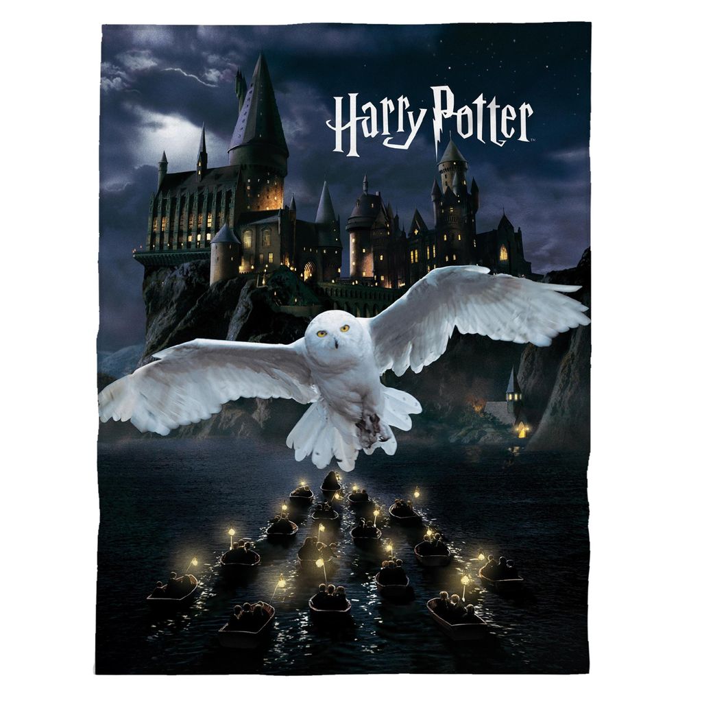 A snowy owl flies towards the viewer over a body of water with many small boats lit by candles, with Hogwarts castle in the background under a dark, cloudy sky.