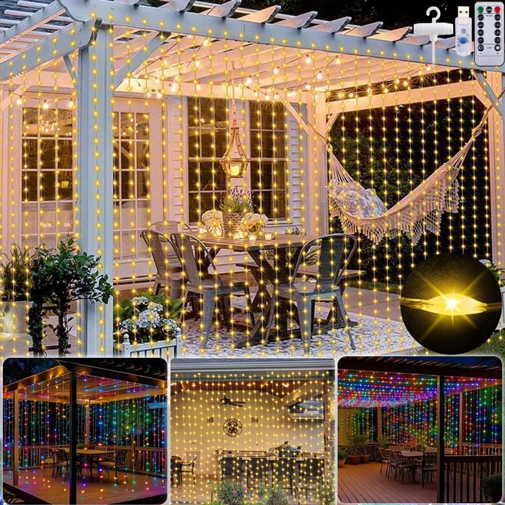 Lichtervorhang 3x2M 200 LED Lichterketten Vorhang LED Lichterkettenvorhang mit 8 Modi IP65 Wasserdicht Lichtervorhang außen innen USB mit Fernbedi...