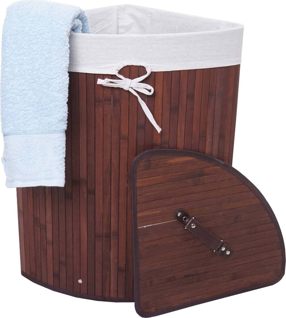 Eckwäschekorb HWC-C21, Laundry Wäschebox Wäschesammler Wäschebehälter, Bambus 61x48x35cm 50l braun