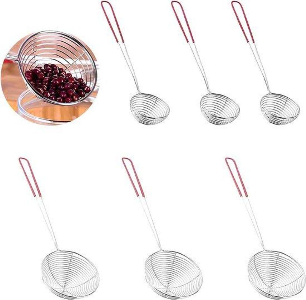 6-teilig RVS Skimmer mit langem Griff für Küche - kleine Strainer für Pasta - Reis - Blumen - Zucker - Tee (Rot)