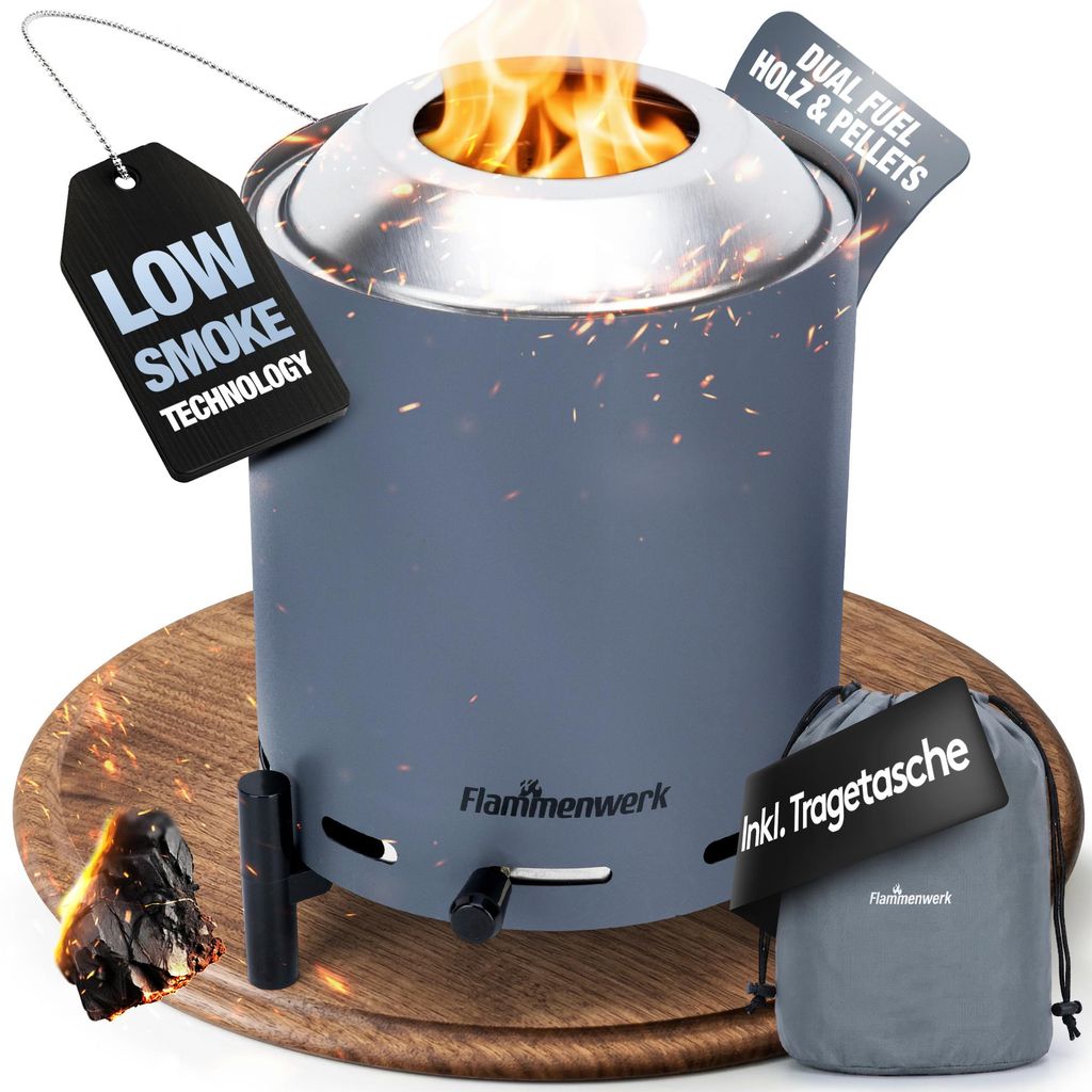 Tischfeuerstelle Tischkamin Outdoor aus Edelstahl Ø16,5 cm mit regelbarer Flamme und Tragetasche für Holzpellets, raucharmes Tischfeuer