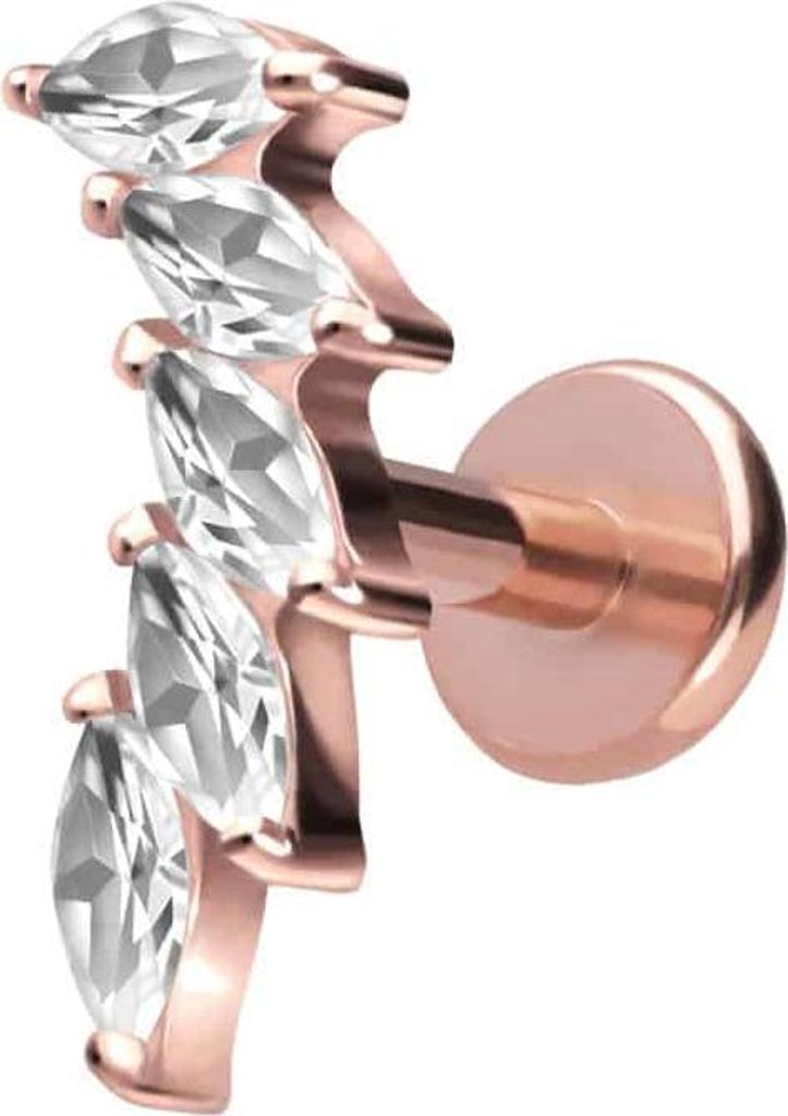 Ohrpiercing, Nasenpiercing Titan Labret mit Push Fit 5 EINGEFASSTE KRISTALLTROPFEN RoséGold Stablänge: 5mm | Stabstärke: 1,2mm