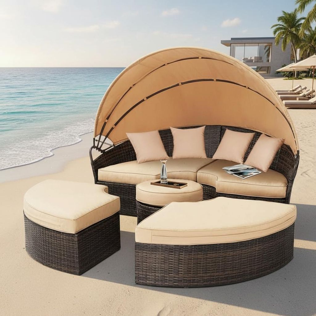 Mucola Sonnenliege Strandkorb Sonneninsel 180CM Tisch Polyrattan Gartenmuschel Set Gartenmöbel Sitzgarnitur Sunbed Kissen Beige - Braun
