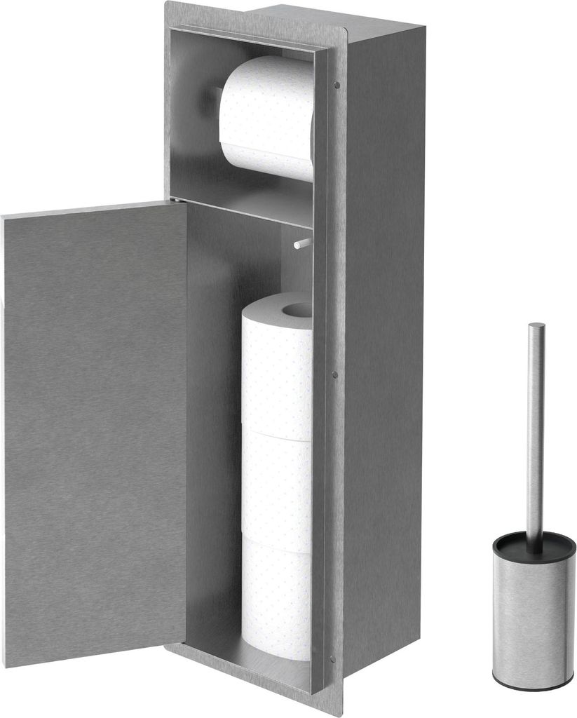 A stainless steel bathroom cabinet with an open door, showing storage for toilet paper rolls, and a toilet brush holder next to it.