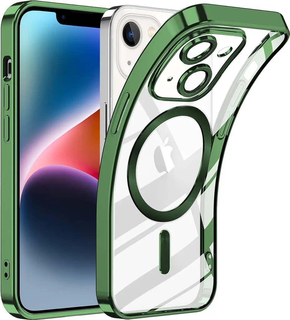 Custodia per iPhone 14 con protezione Magsafe e fotocamera, custodia magnetica ultrasottile trasparente verde