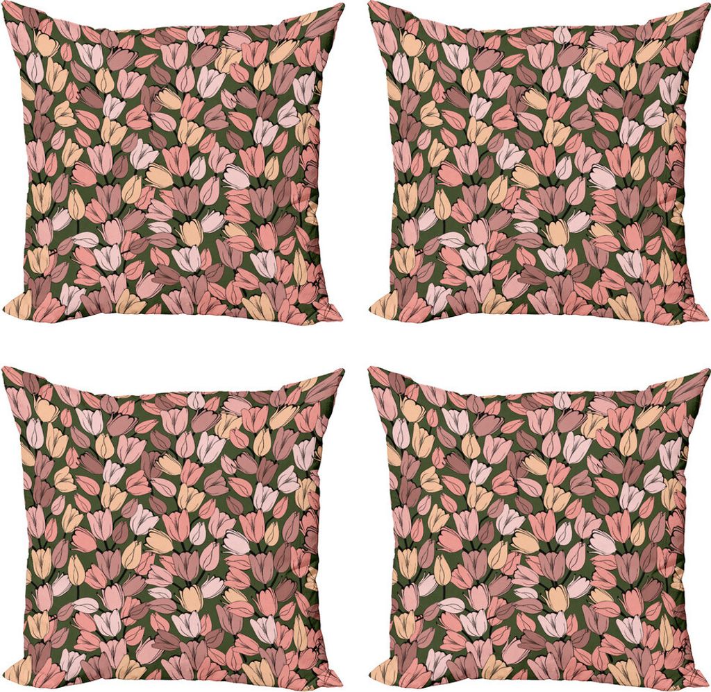 ABAKUHAUS Blume Kissenbezug Set (4 Stück), Retro Tulpen Blumen, Moderner Doppelseitiger Digitaldruck, 45 cm x 45 cm, Cocoa Coral Creme