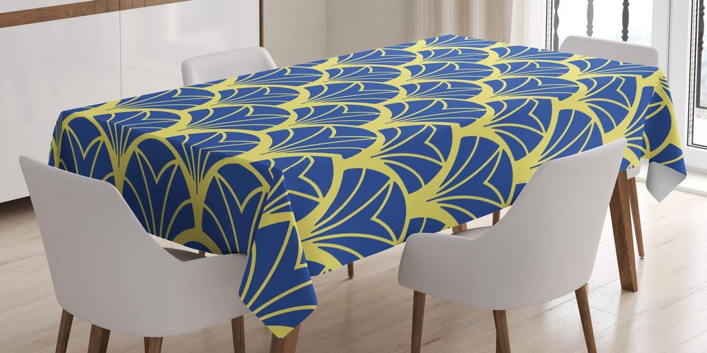 ABAKUHAUS Art Deco Tischdecke, Repetitive Abstrakt Moderne Design Ideas zweifarbige Blätter drucken, 140 x 200 cm, Gelb / Blau