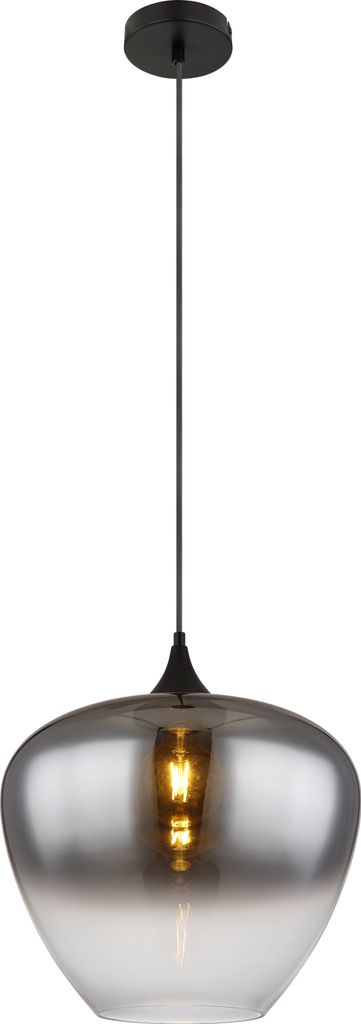 A black pendant light with a smoked glass shade.
