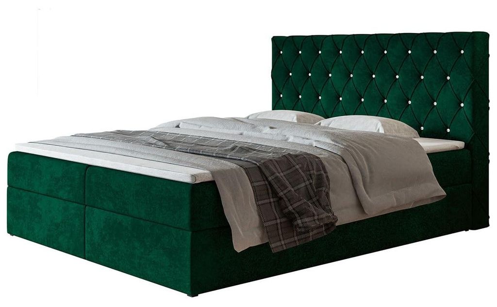 Boxspringbett Boston 140x200 mit Stauraum und Bonell-Matratze, Dunkelgrün